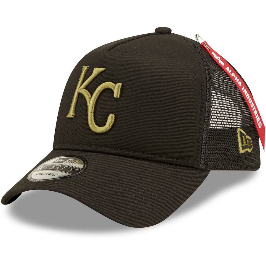 New Era Kansas City Royals x Alpha Industries A-Frame 9FORTY Trucker Snapback Hat-Black